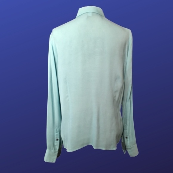 LIZ CLAIBORNE 100% Silk RUFFLE FRONT Blouse, AQUA, NWOT, Size 14 - Picture 2 of 8